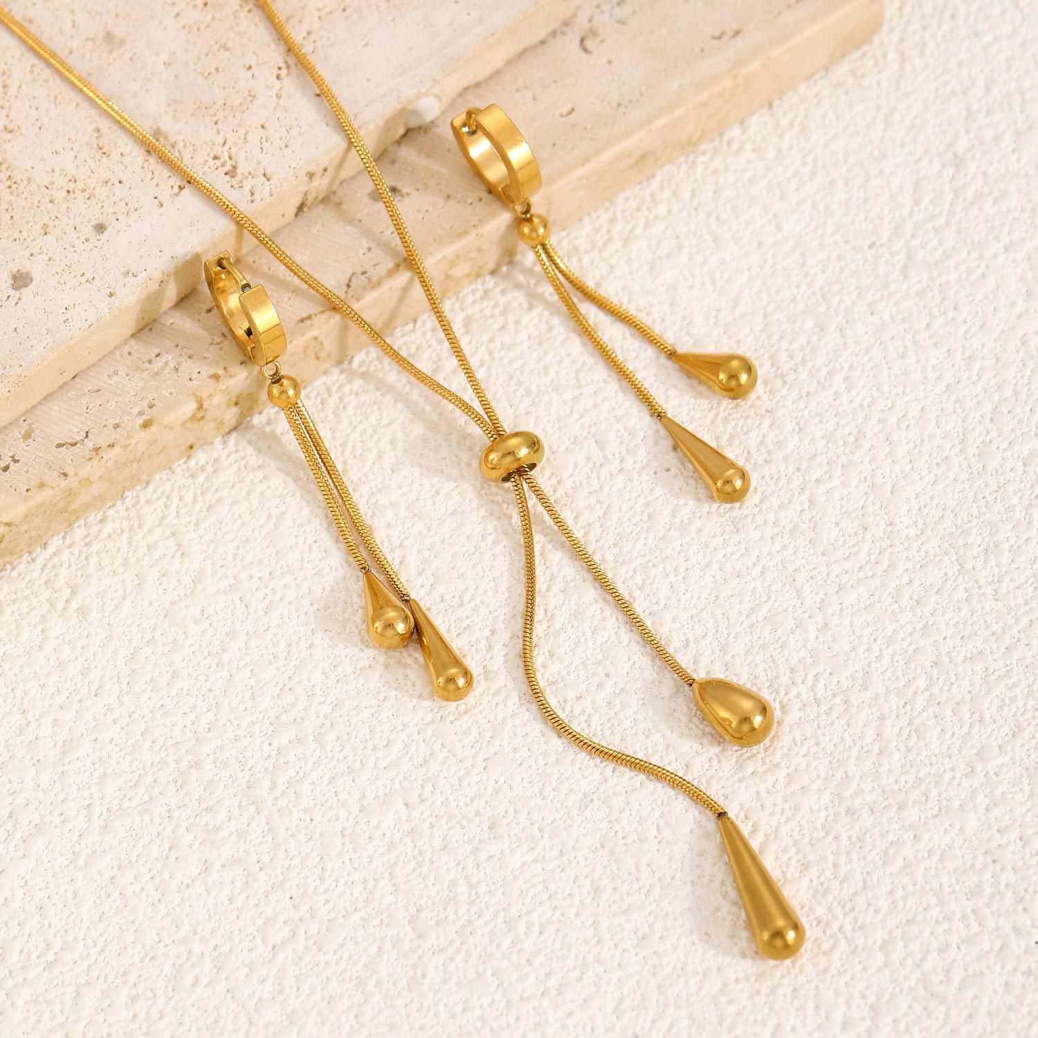 Golden Stainless Steel Teardrop Earrings and Necklace | picture 
