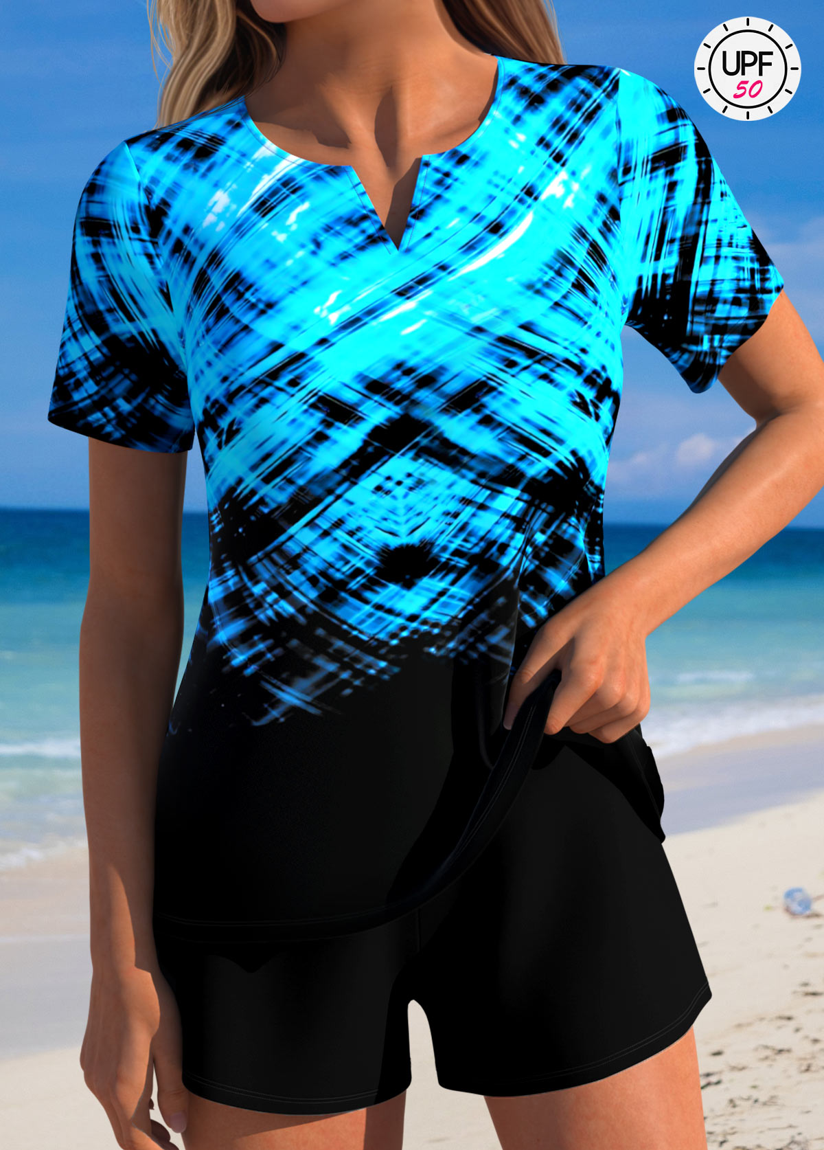 Tummy Coverage Mid Waisted Ombre Black Tankini Set | picture 