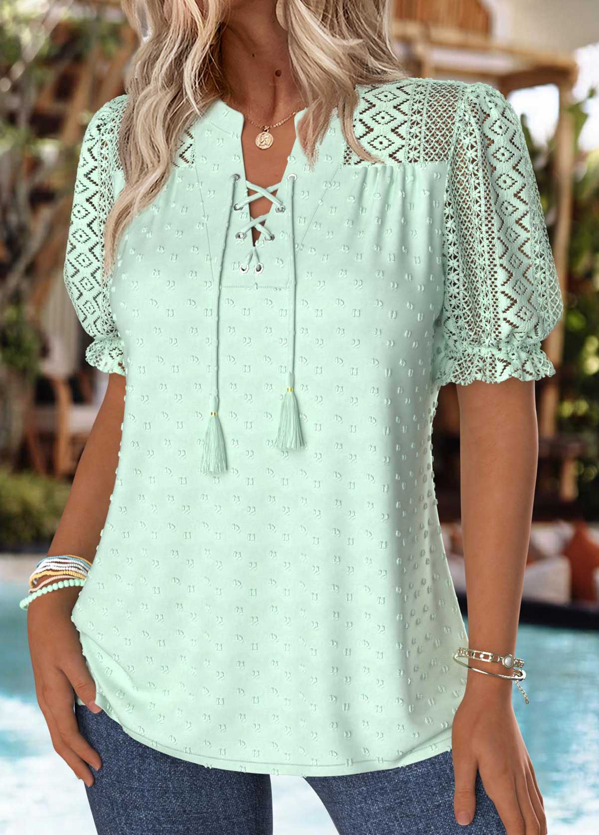 Mint Green Tummy Coverage Short Sleeve Split Neck Blouse | picture 