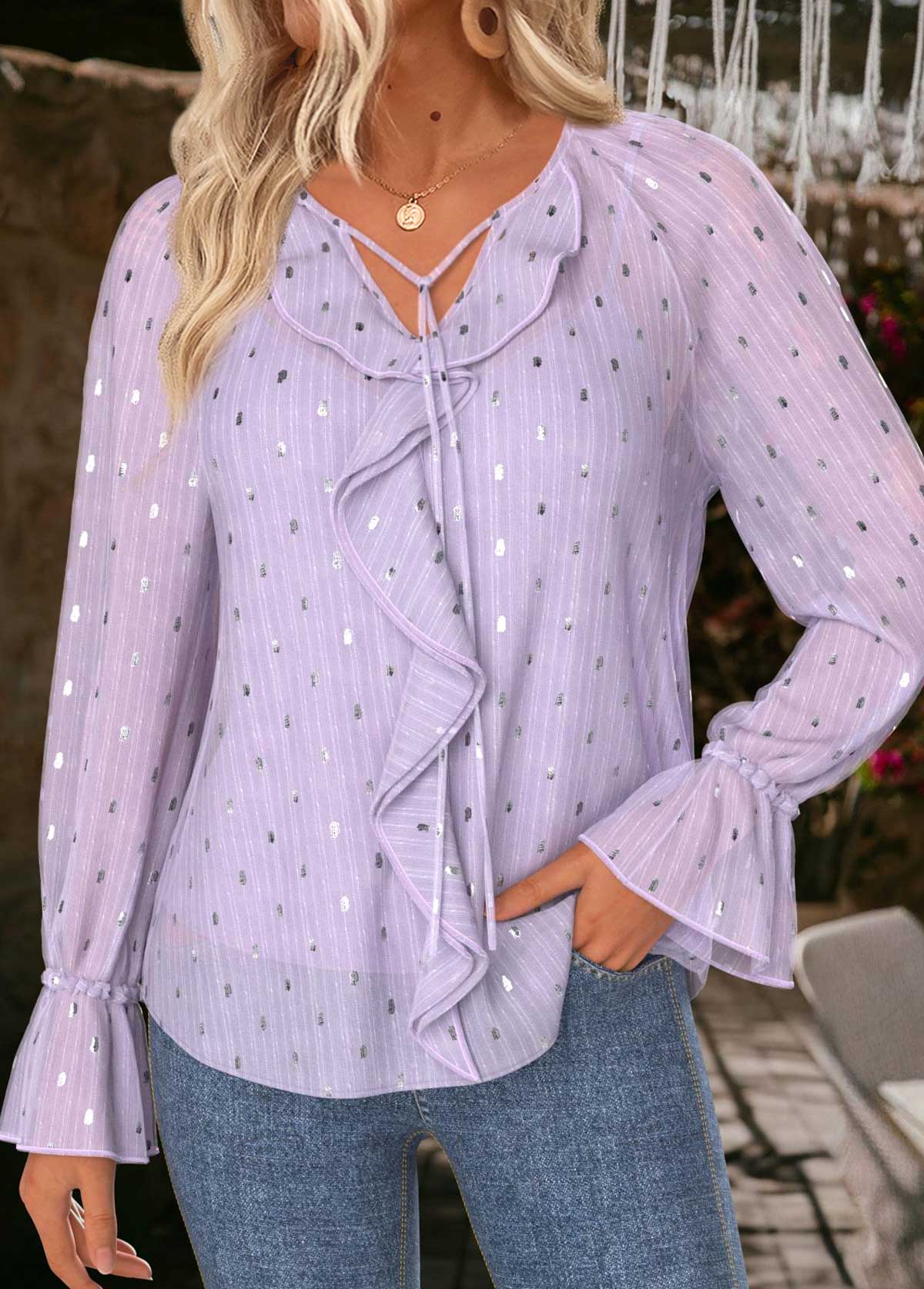 Light Purple Tummy Coverage Long Sleeve Blouse and Camisole | picture 