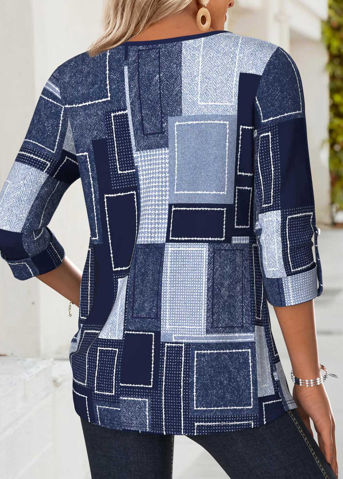 Navy Tummy Coverage Geometric Print Long Sleeve T Shirt | picture 