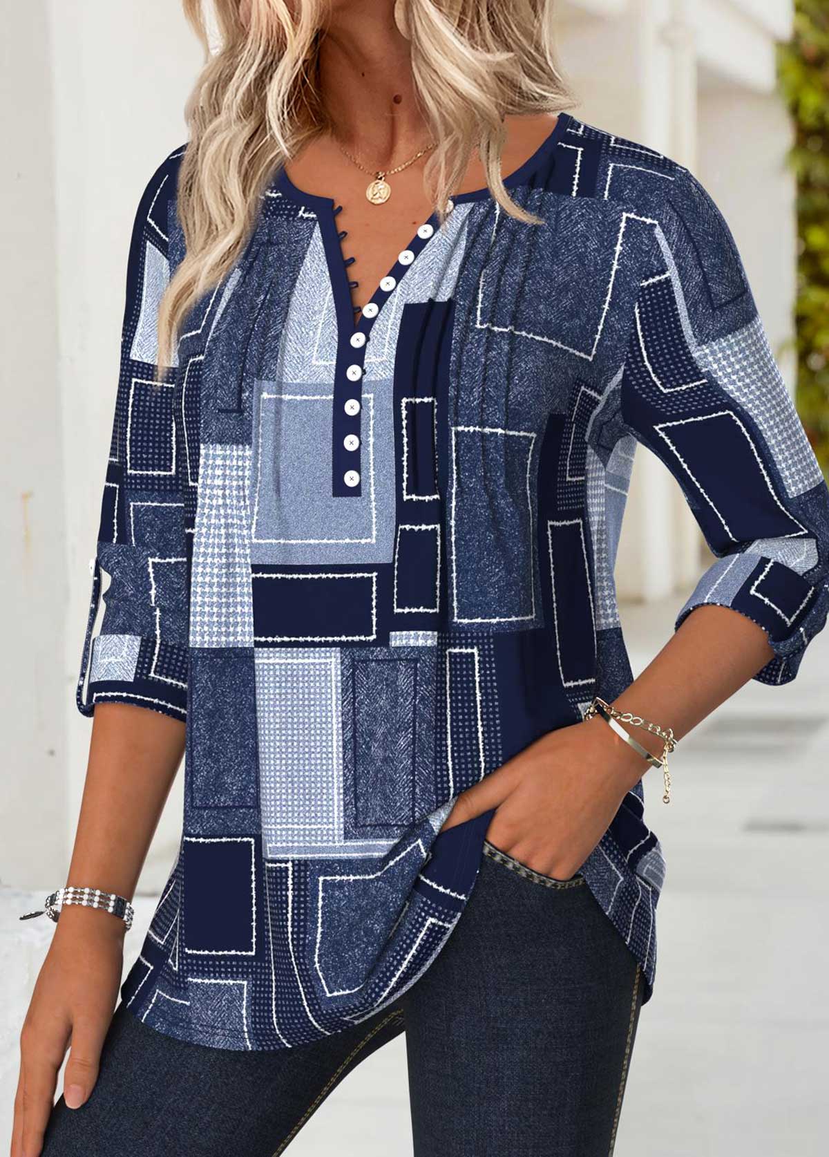 Navy Tummy Coverage Geometric Print Long Sleeve T Shirt | picture 