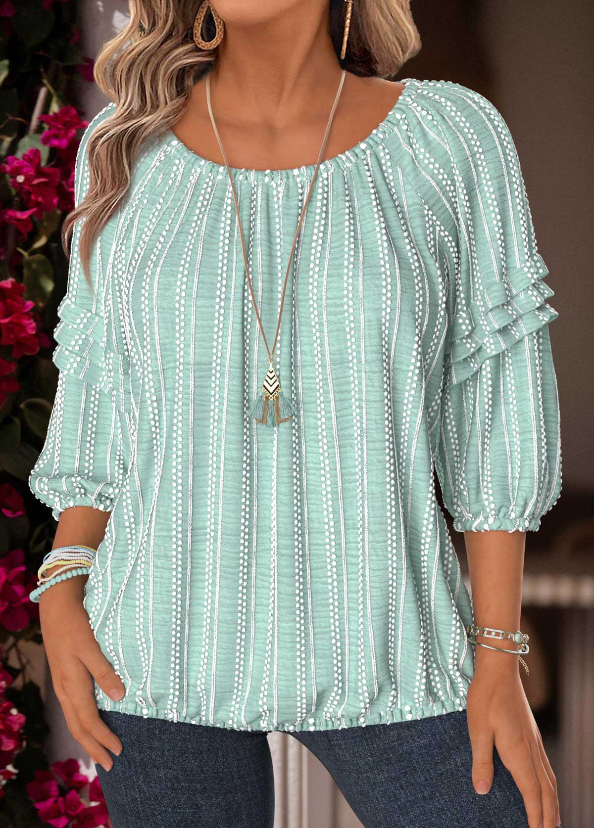 Mint Green Tummy Coverage 3/4 Sleeve Round Neck Blouse | picture 