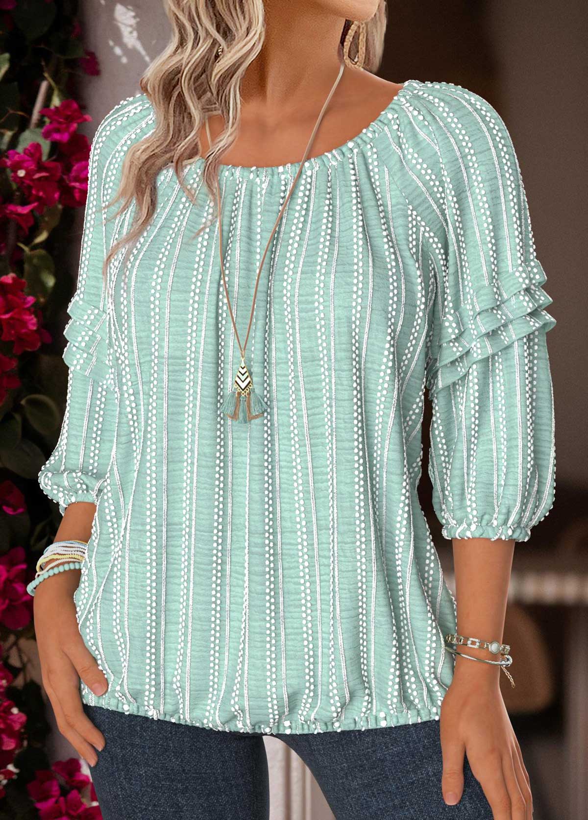 Mint Green Tummy Coverage 3/4 Sleeve Round Neck Blouse | picture 
