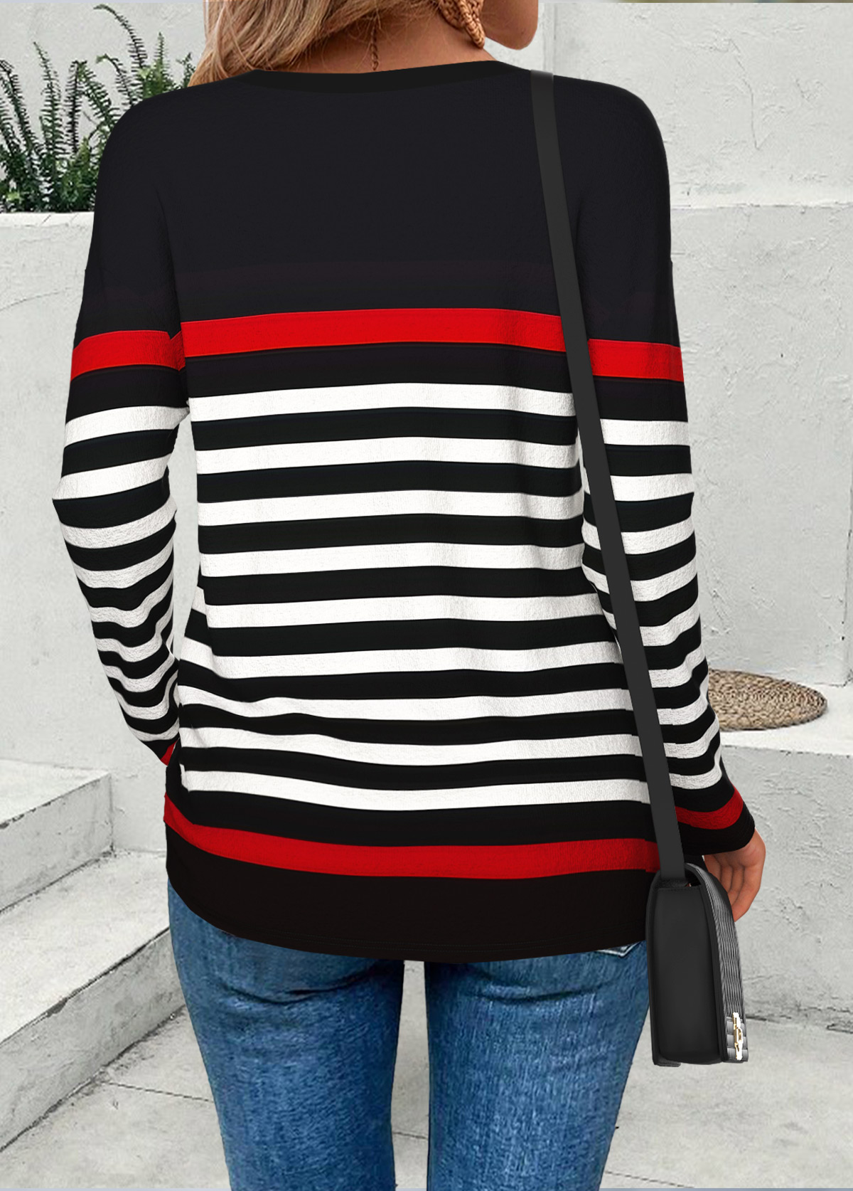 Black Curved Hem Striped Long Sleeve T Shirt | picture 