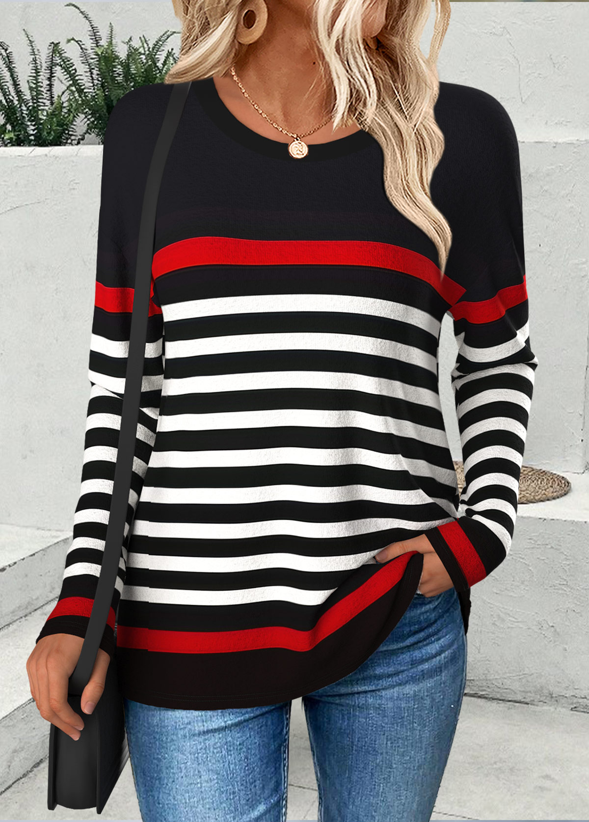 Black Curved Hem Striped Long Sleeve T Shirt | picture 