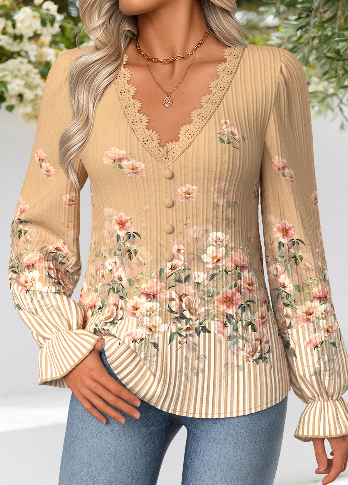 Light Coffee Curved Hem Floral Print Long Sleeve Blouse | picture 