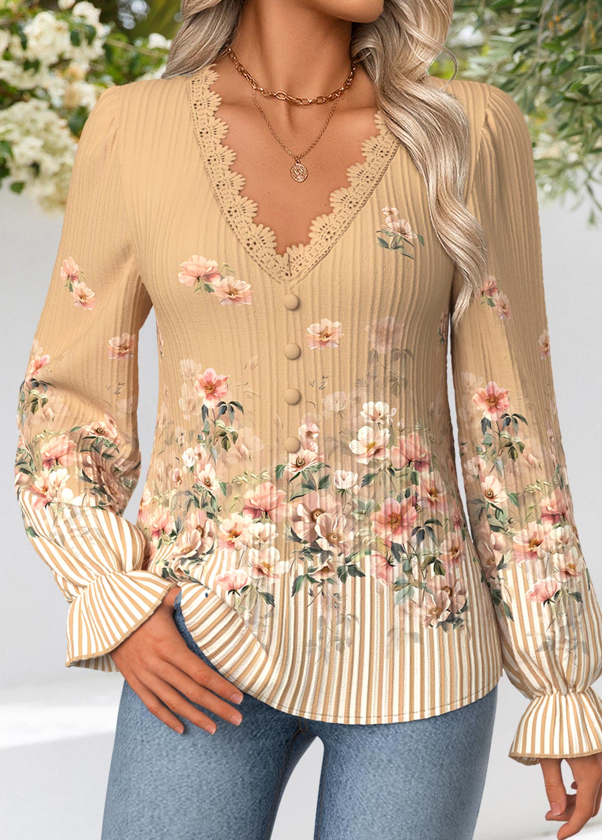 Light Coffee Curved Hem Floral Print Long Sleeve Blouse | picture 