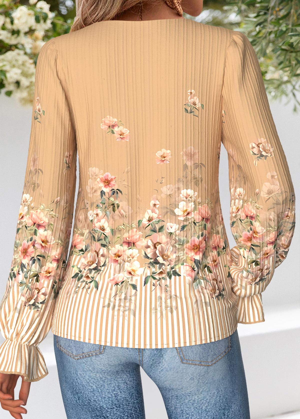 Light Coffee Curved Hem Floral Print Long Sleeve Blouse | picture 