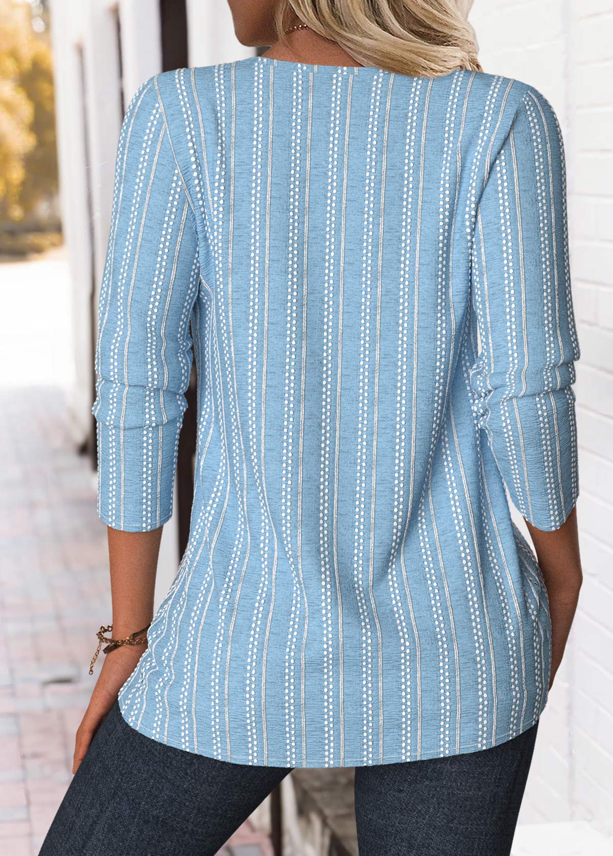 Light Blue Tuck Stitch Long Sleeve Split Neck Blouse | picture 