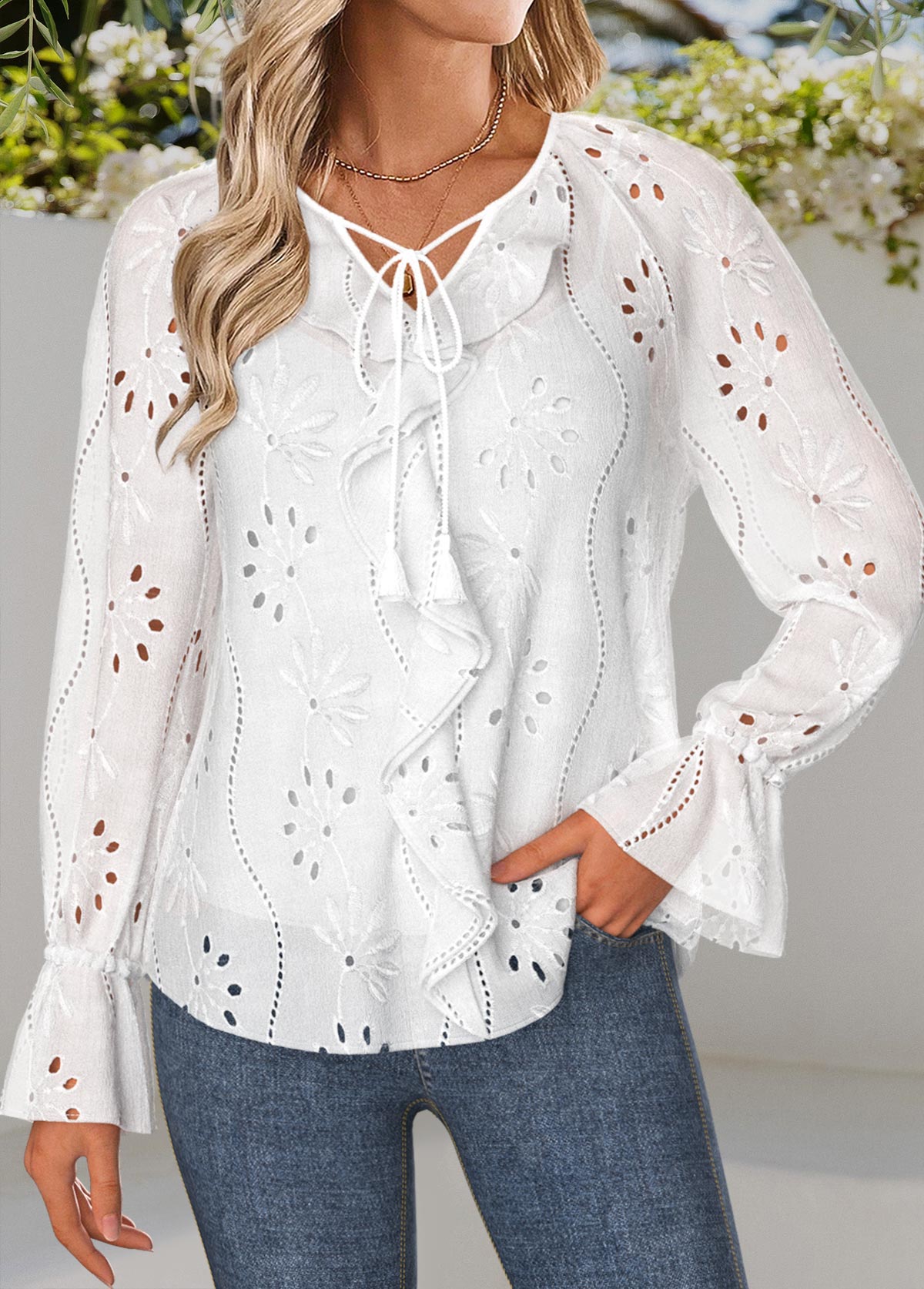 White Ruffle Long Sleeve Split Neck Blouse | picture 