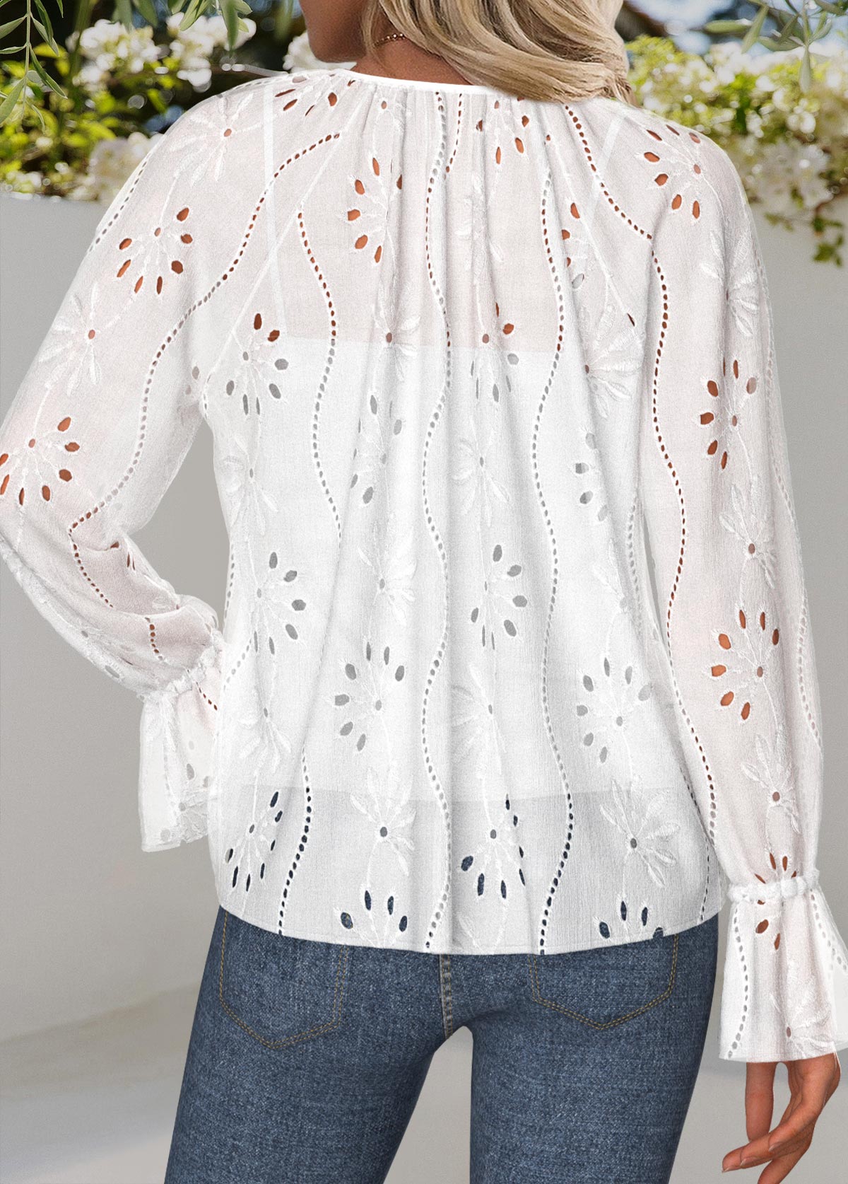 White Ruffle Long Sleeve Split Neck Blouse | picture 