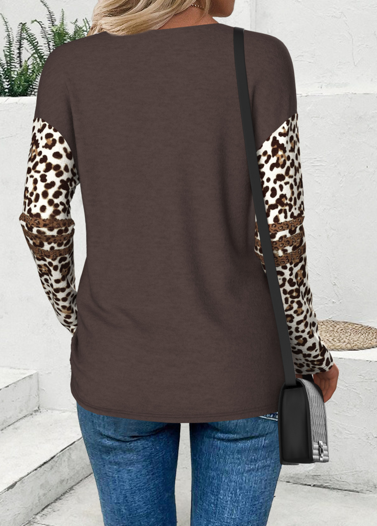 Dark Coffee Curved Hem Leopard Long Sleeve T Shirt | picture 
