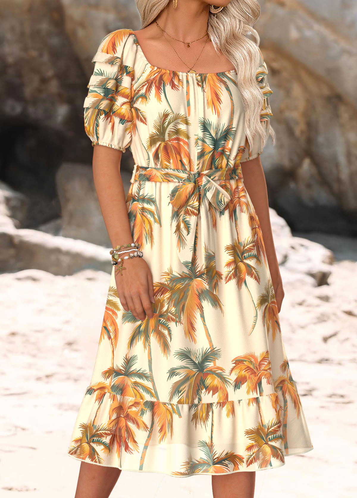 Beige Tummy Coverage Tropical Plants Print Belted Dress | picture 