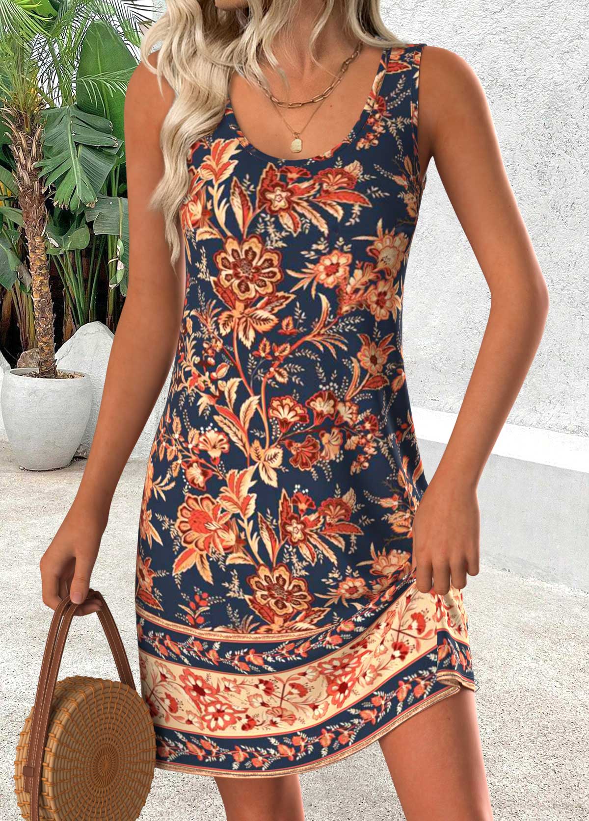 Multi Color Tribal Print Short Sleeveless Scoop Neck Dress | picture 