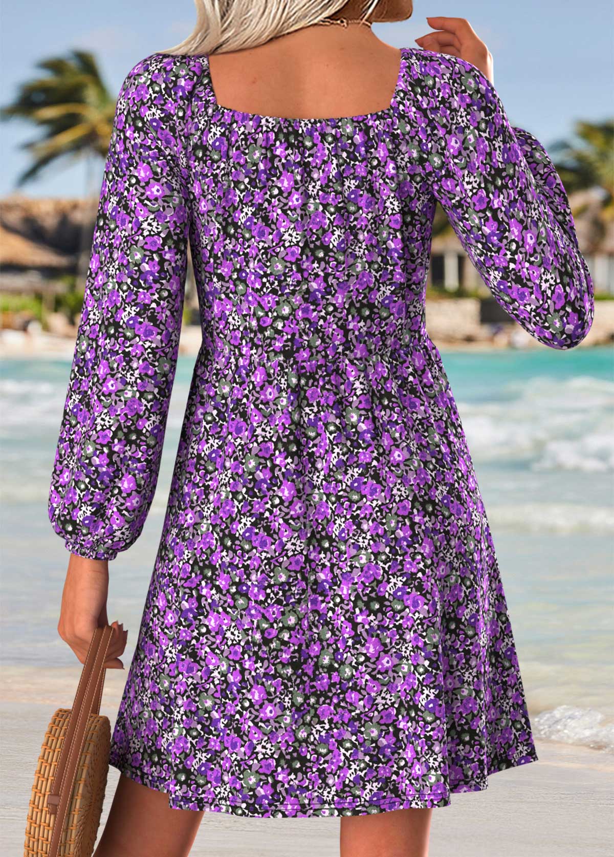 Purple Tummy Coverage Ditsy Floral Print Short Dress | picture 