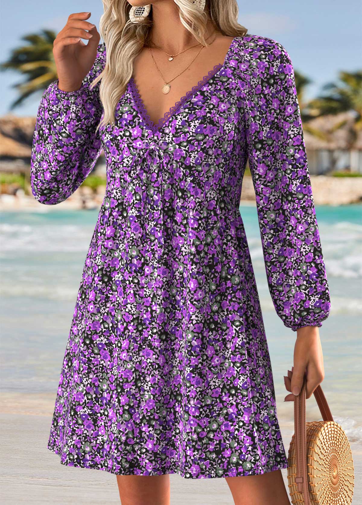 Purple Tummy Coverage Ditsy Floral Print Short Dress | picture 