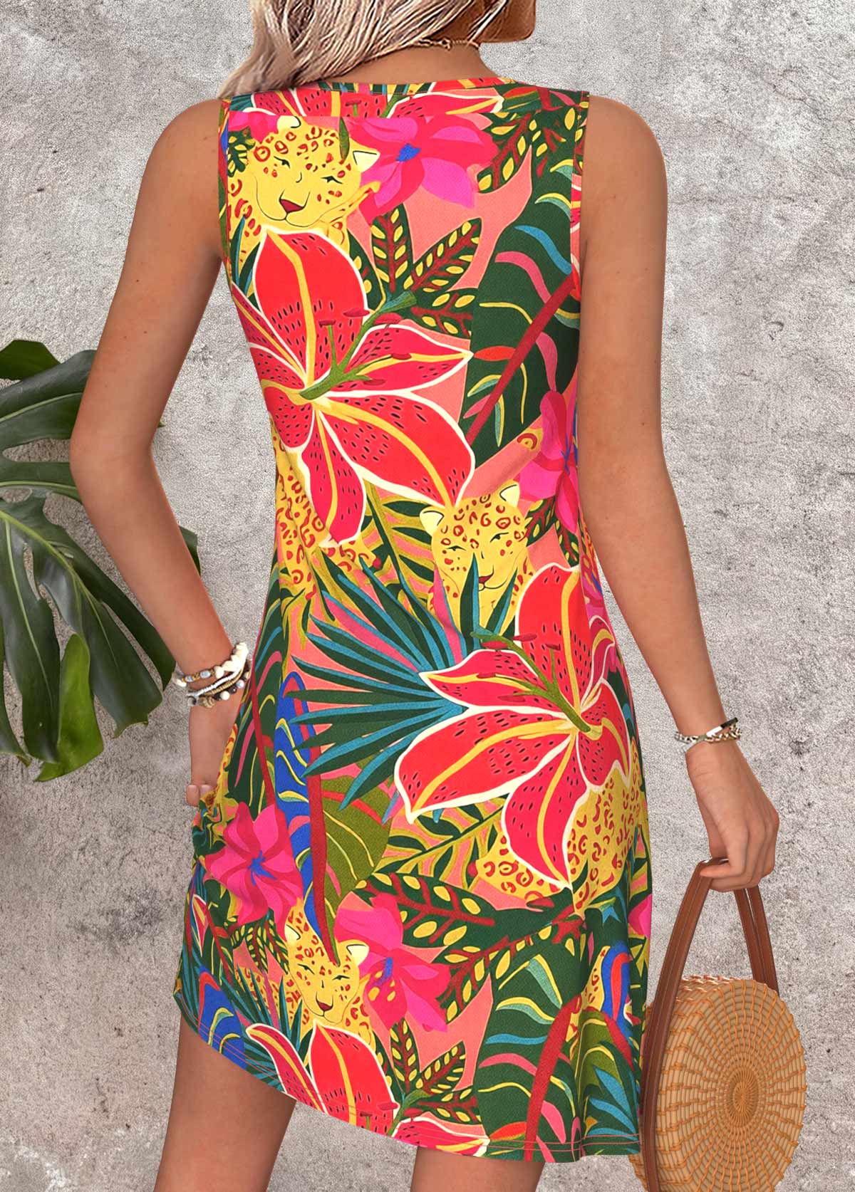 Multi Color Tummy Coverage Tropical Plants Print Short Dress | picture 