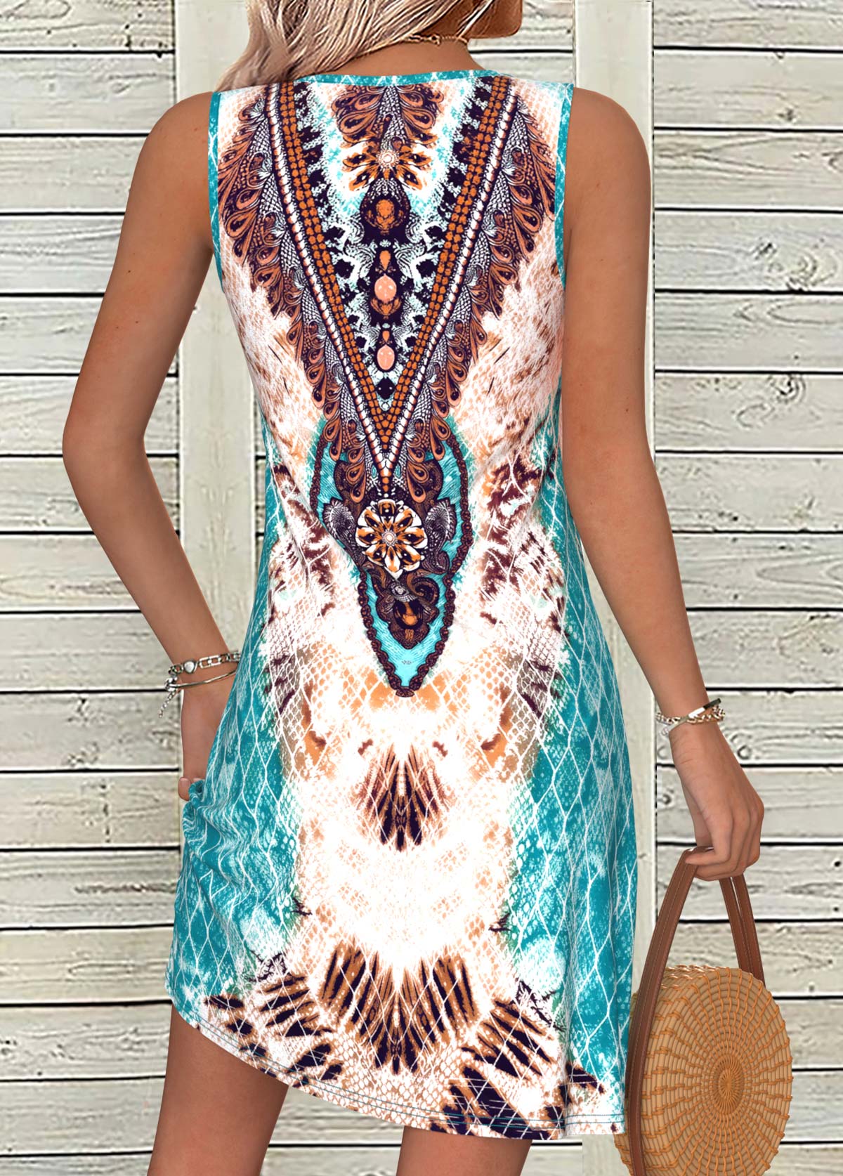 Multi Color Tummy Coverage Tribal Print Short Sleeveless Dress | picture 