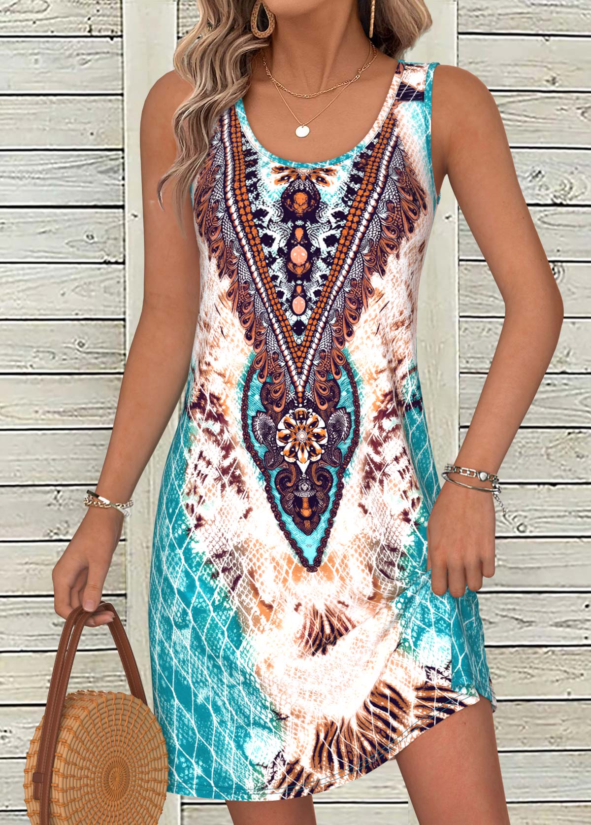 Multi Color Tummy Coverage Tribal Print Short Sleeveless Dress | picture 