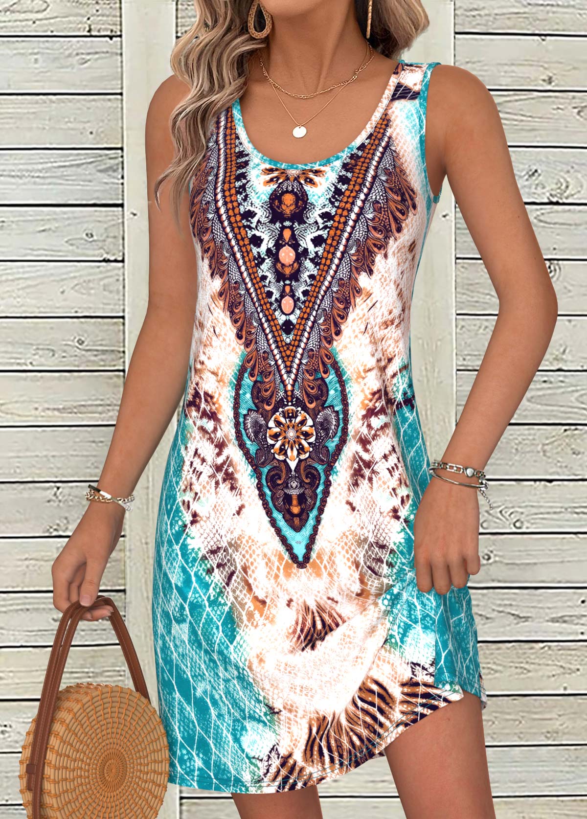 Multi Color Tummy Coverage Tribal Print Short Sleeveless Dress | picture 