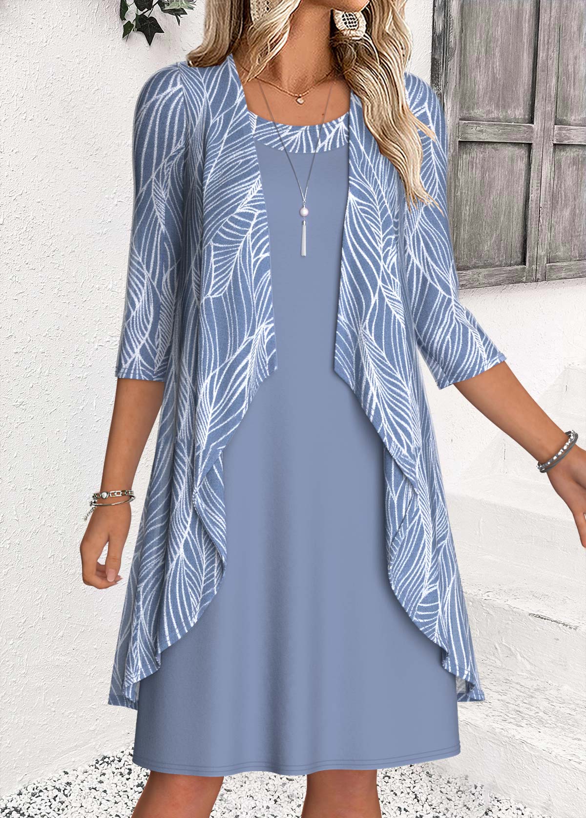 Dusty Blue Tummy Coverage 3/4 Sleeve Dress and Cardigan | picture 