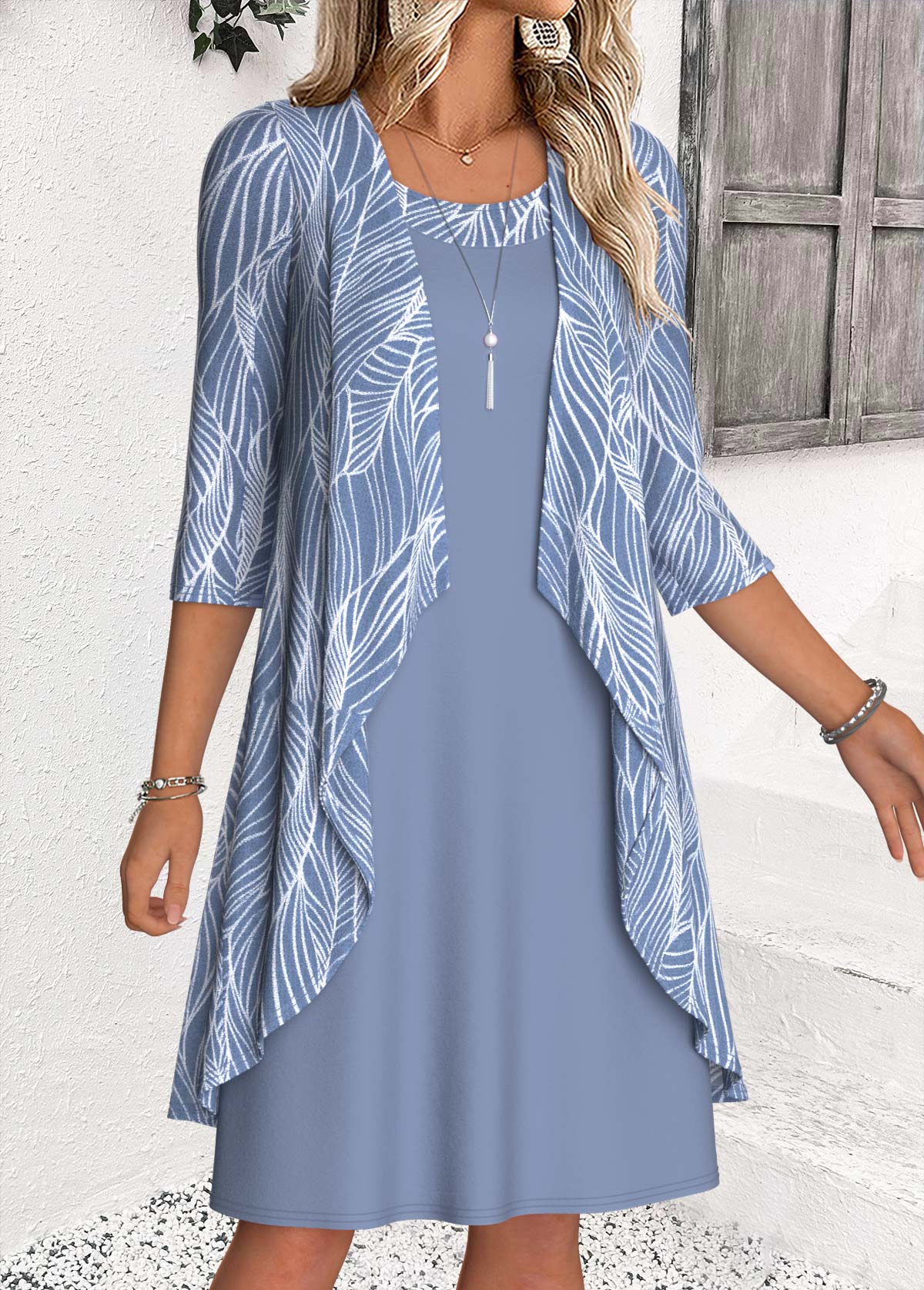 Dusty Blue Tummy Coverage 3/4 Sleeve Dress and Cardigan | picture 
