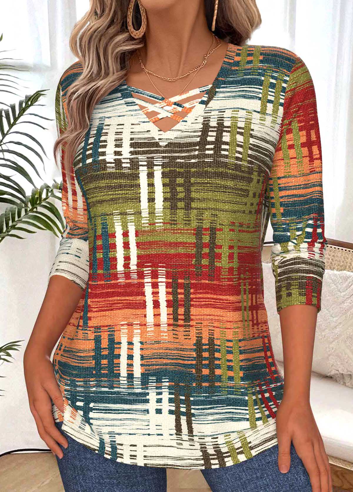 Multi Color Tummy Coverage Geometric Print T Shirt | picture 
