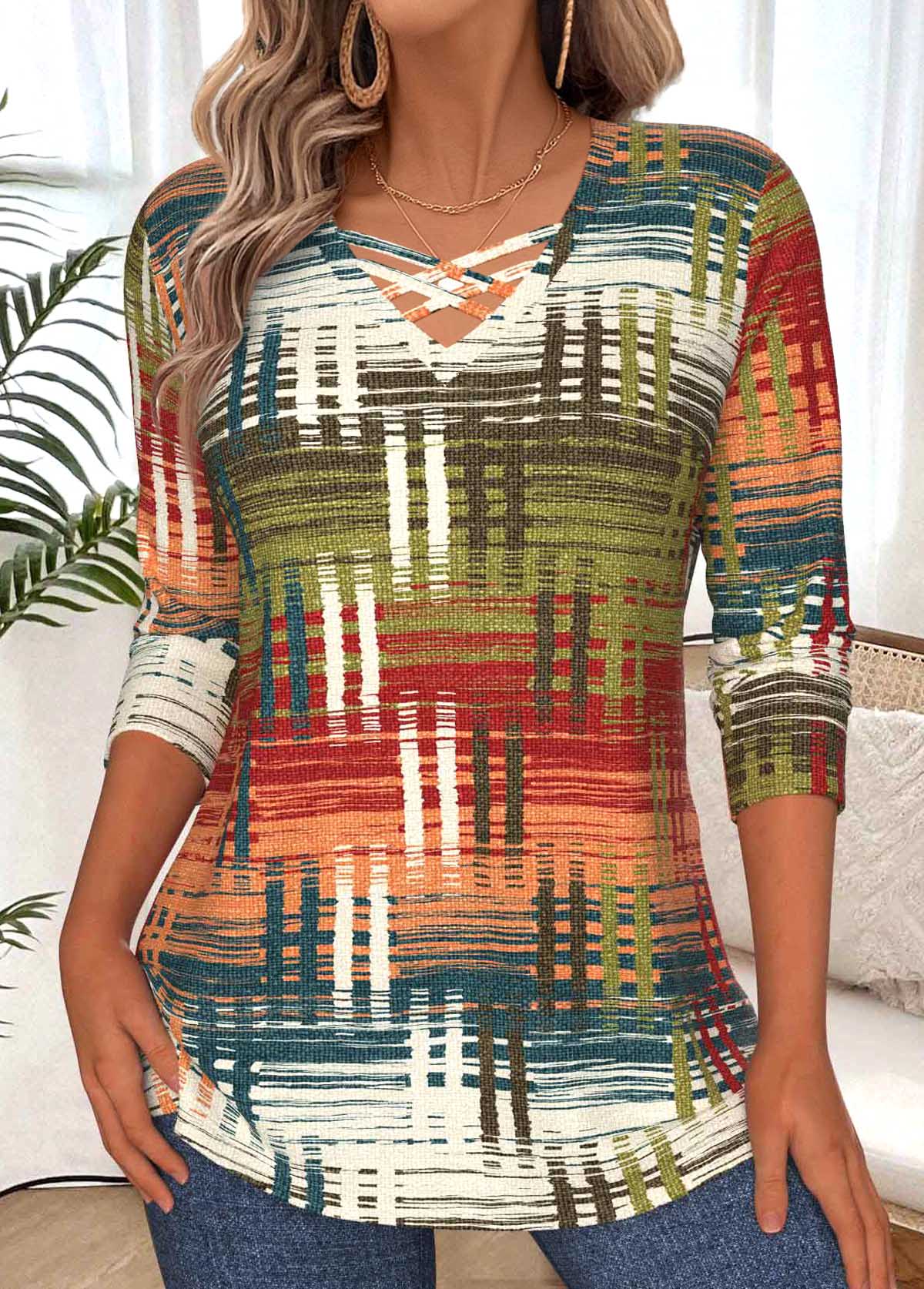 Multi Color Tummy Coverage Geometric Print T Shirt | picture 