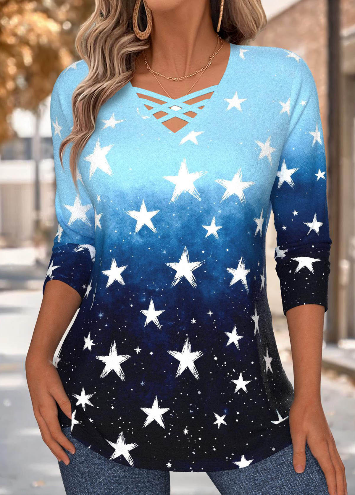 Sky Blue Tummy Coverage Geometric Print T Shirt | picture 