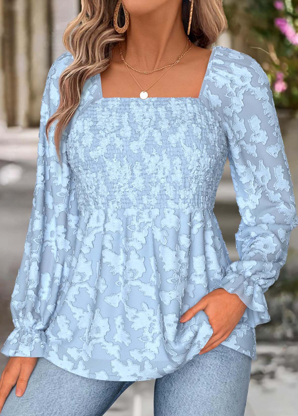 Light Blue Peplum Long Sleeve Square Neck Blouse | picture 