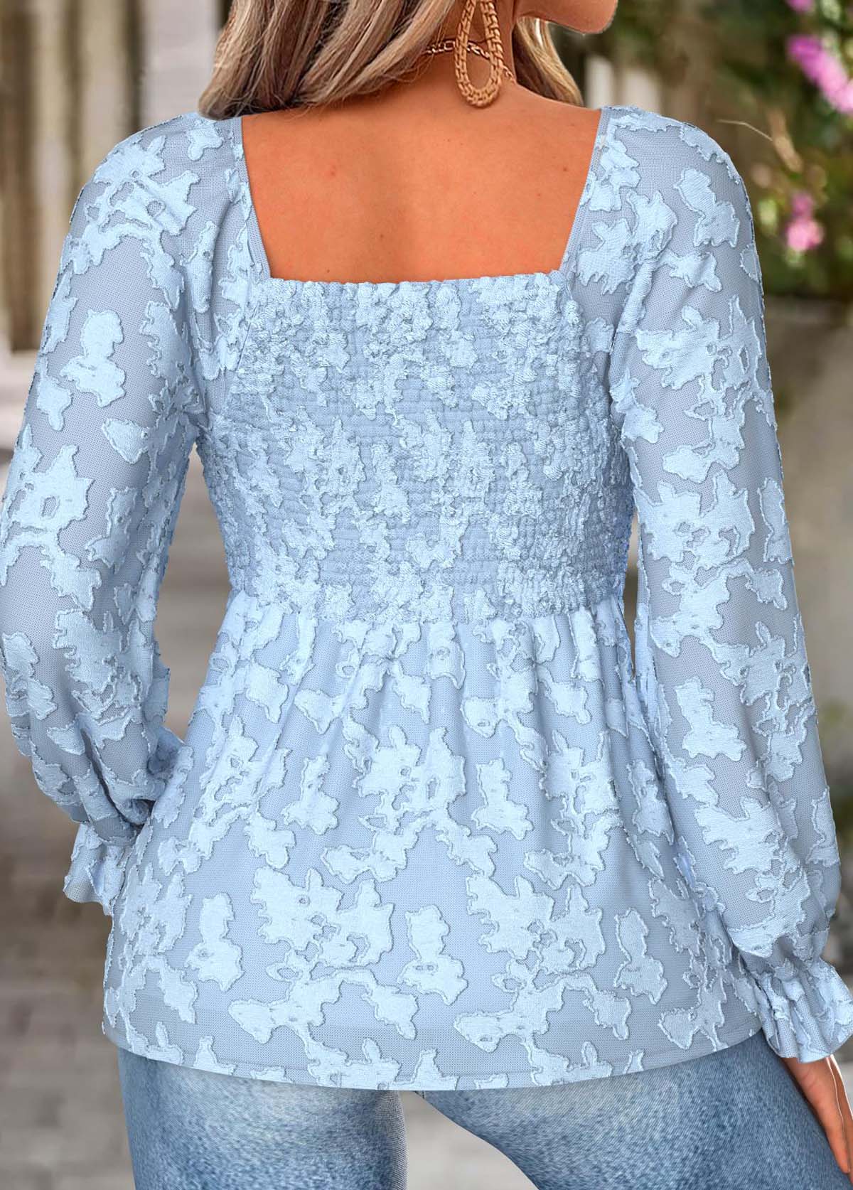 Light Blue Peplum Long Sleeve Square Neck Blouse | picture 