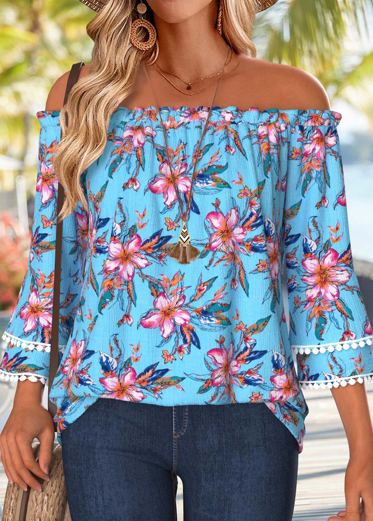Sky Blue Tummy Coverage Floral Print 3/4 Sleeve Blouse | picture 