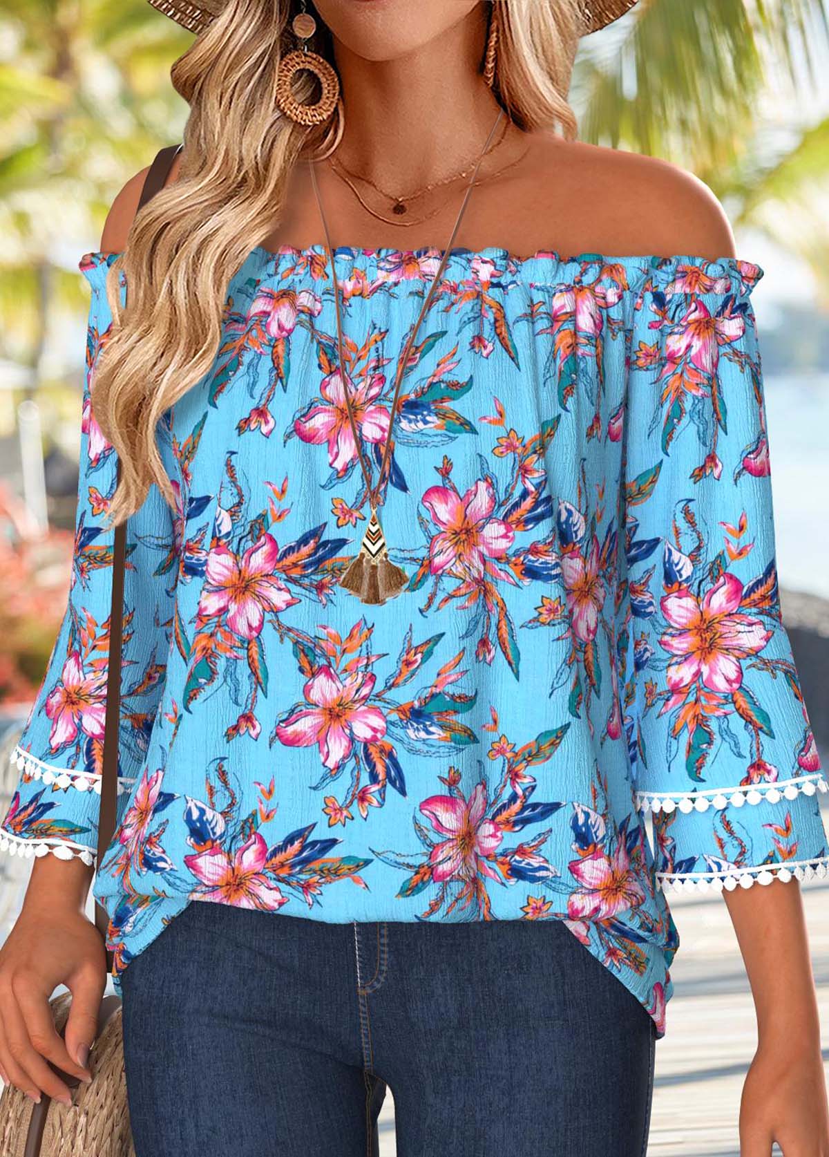 Sky Blue Tummy Coverage Floral Print 3/4 Sleeve Blouse | picture 