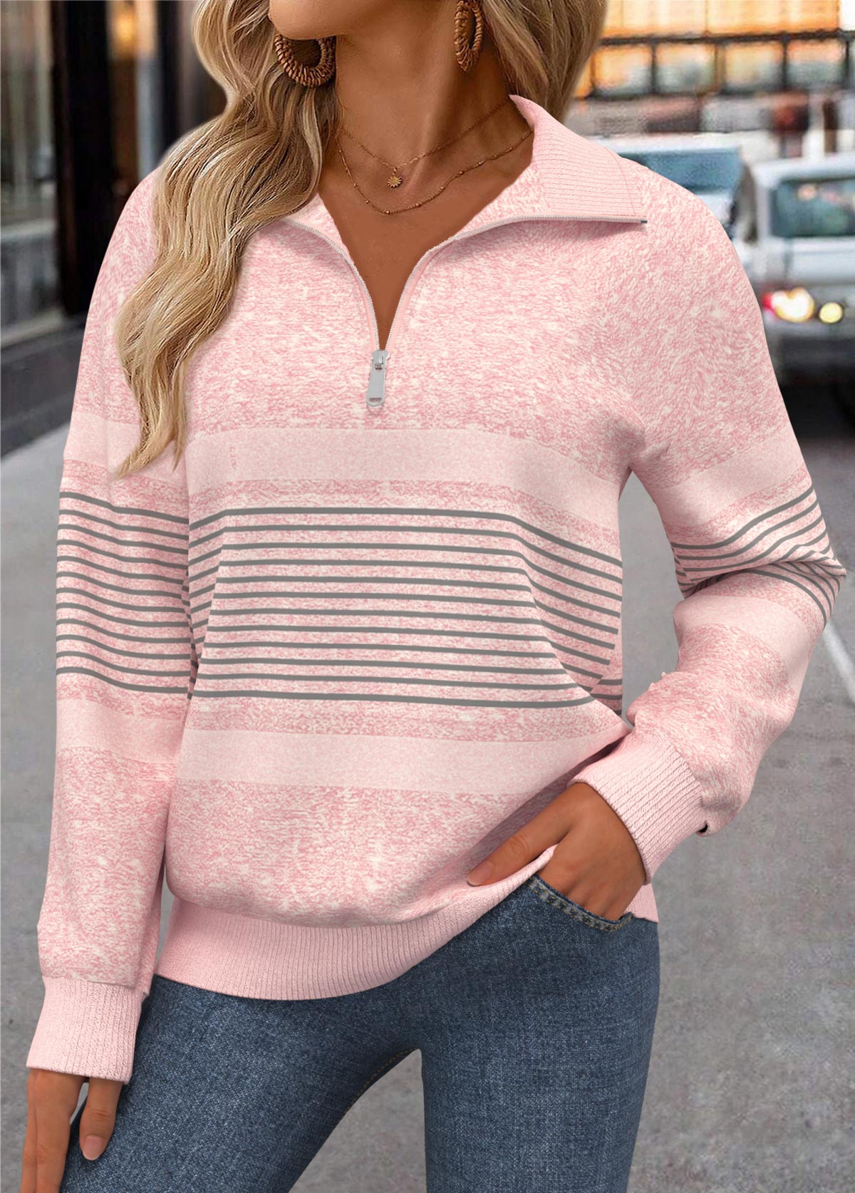 Light Pink Tummy Coverage Striped Long Sleeve Sweatshirt | picture 