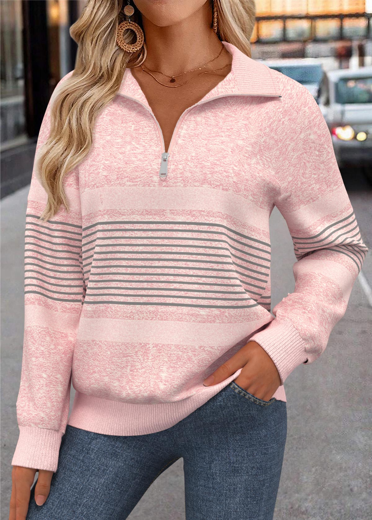 Light Pink Tummy Coverage Striped Long Sleeve Sweatshirt | picture 