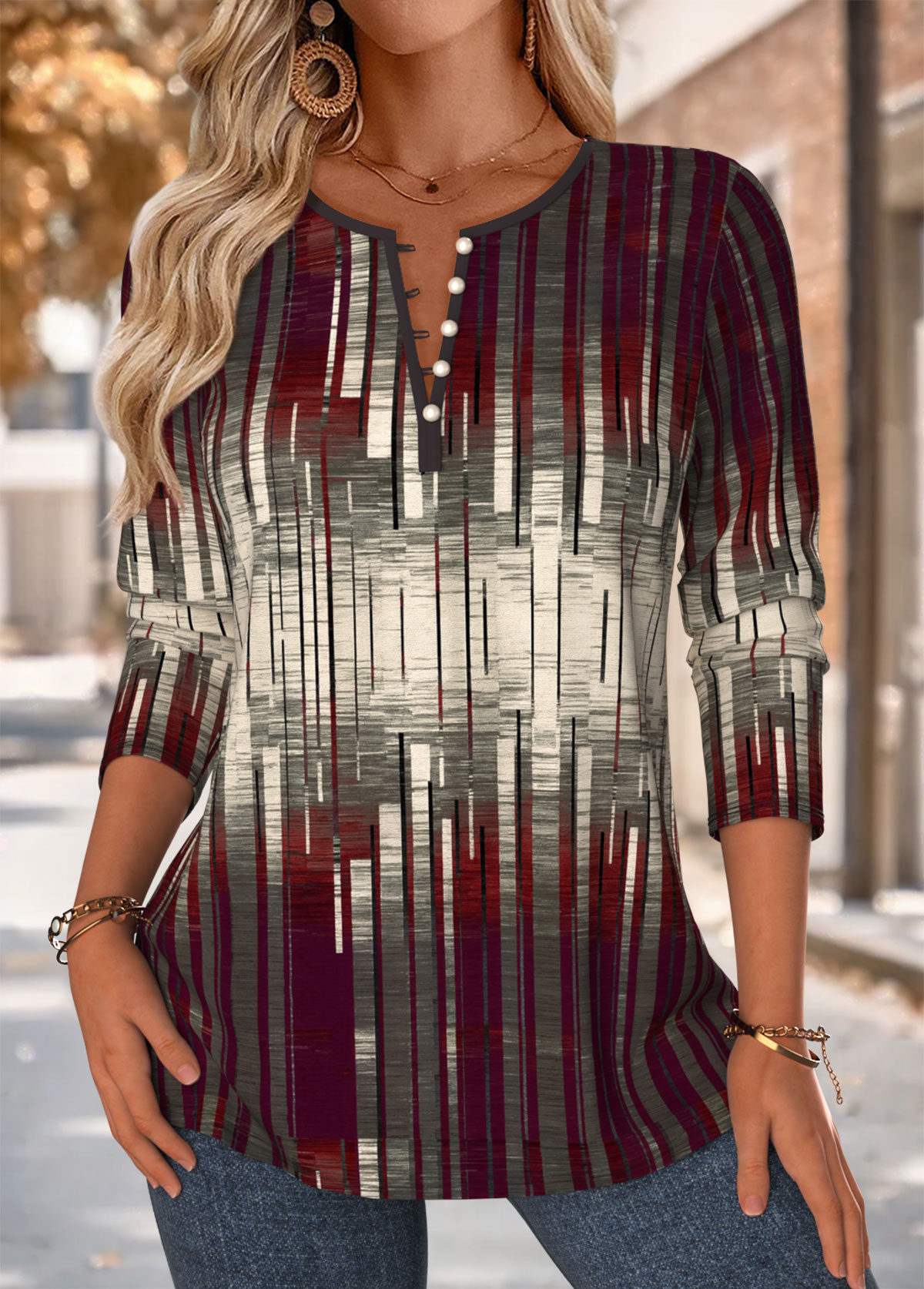 Multi Color Button Geometric Print Long Sleeve Blouse | picture 