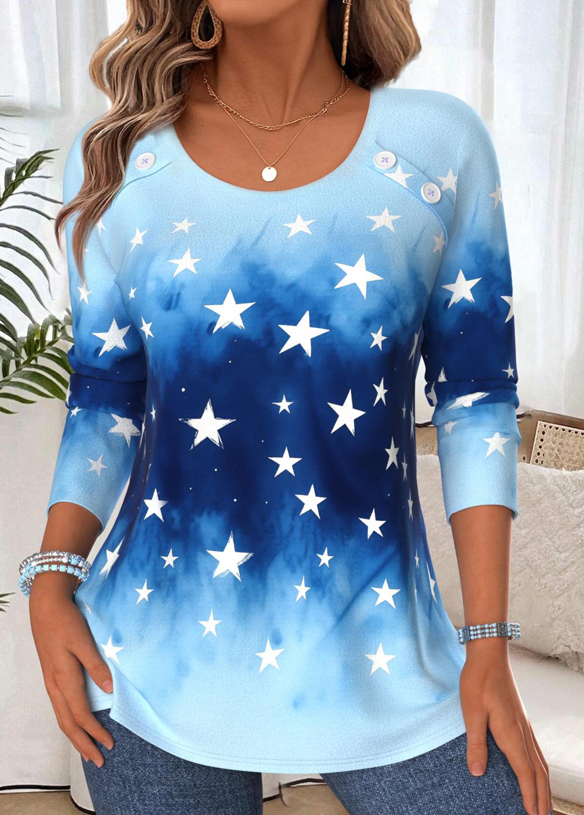 Blue Tummy Coverage Ombre Long Sleeve T Shirt | picture 