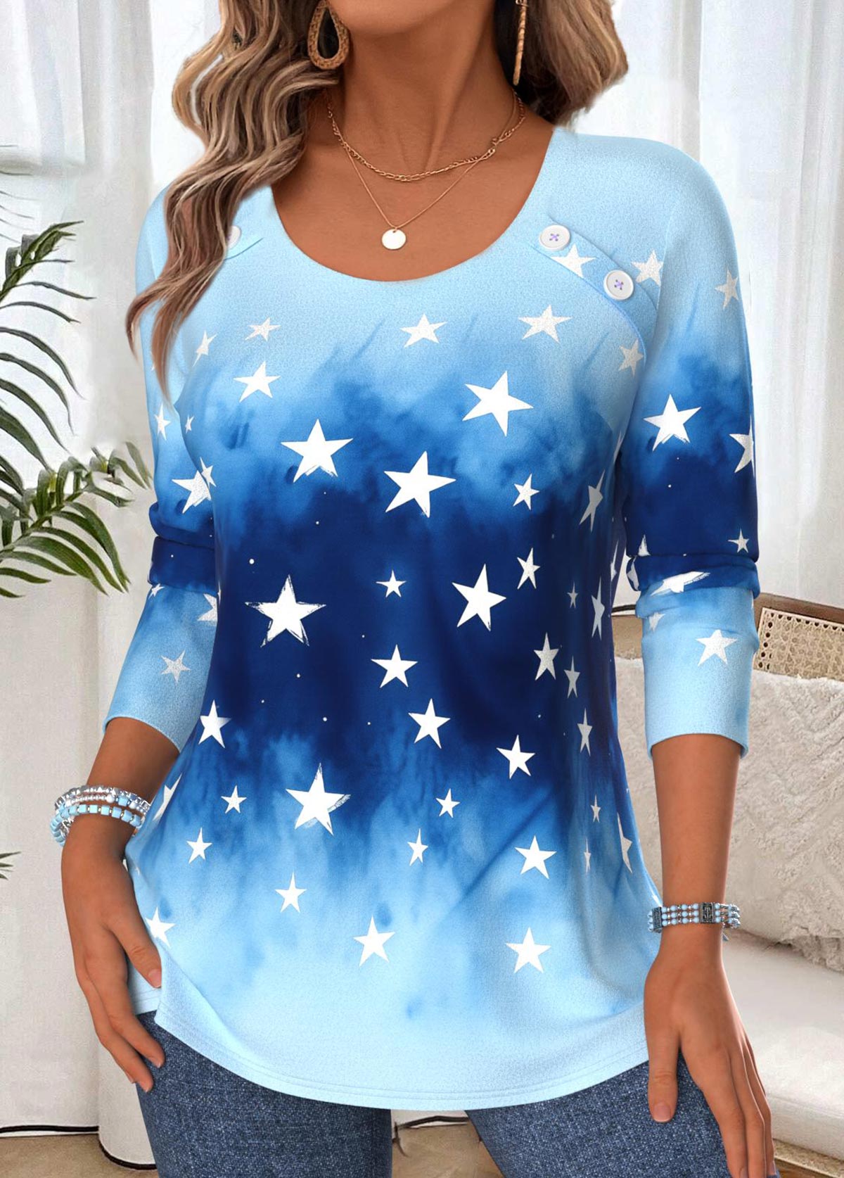 Blue Tummy Coverage Ombre Long Sleeve T Shirt | picture 