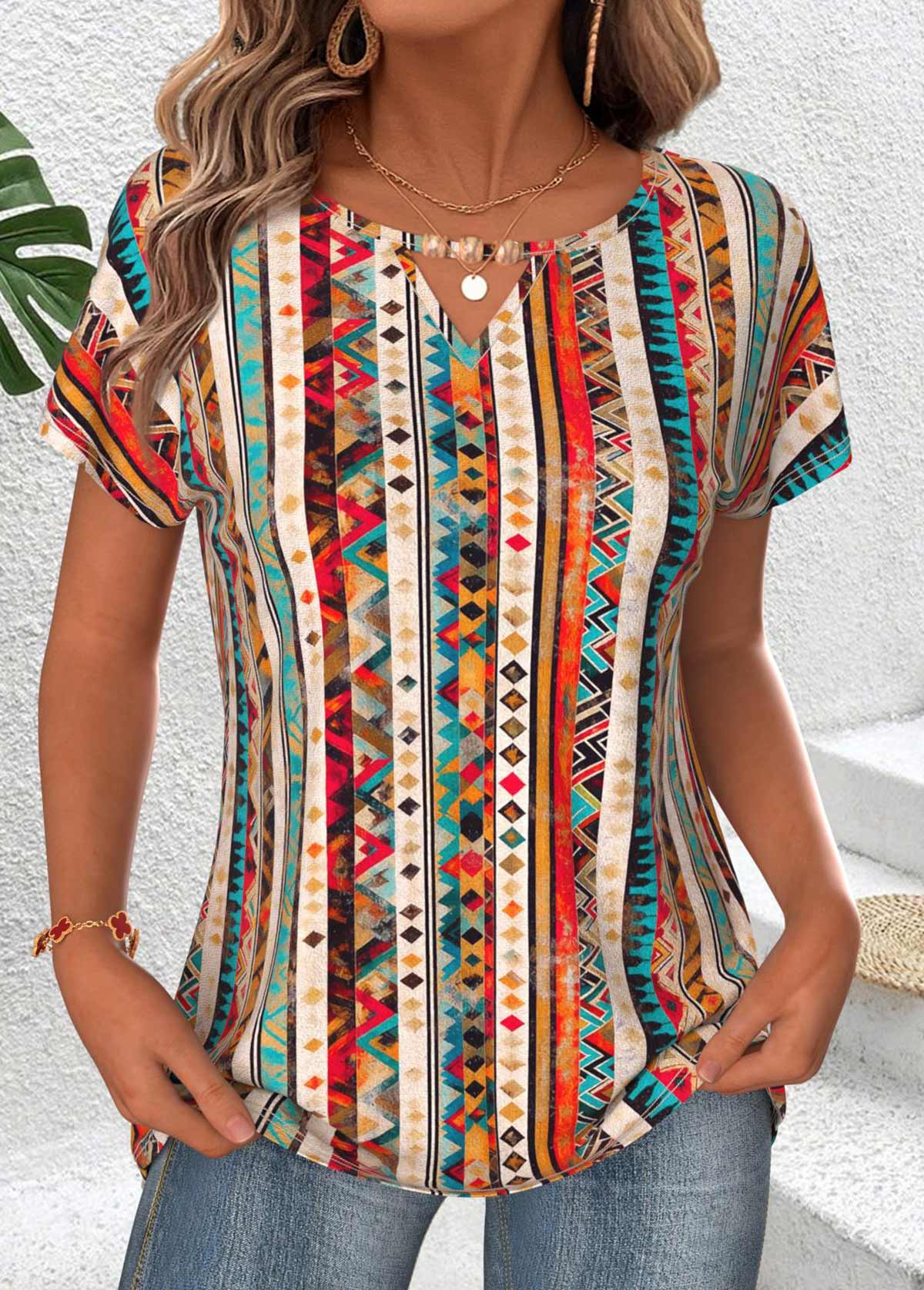 Multi Color Tummy Coverage Tribal Print T Shirt | picture 