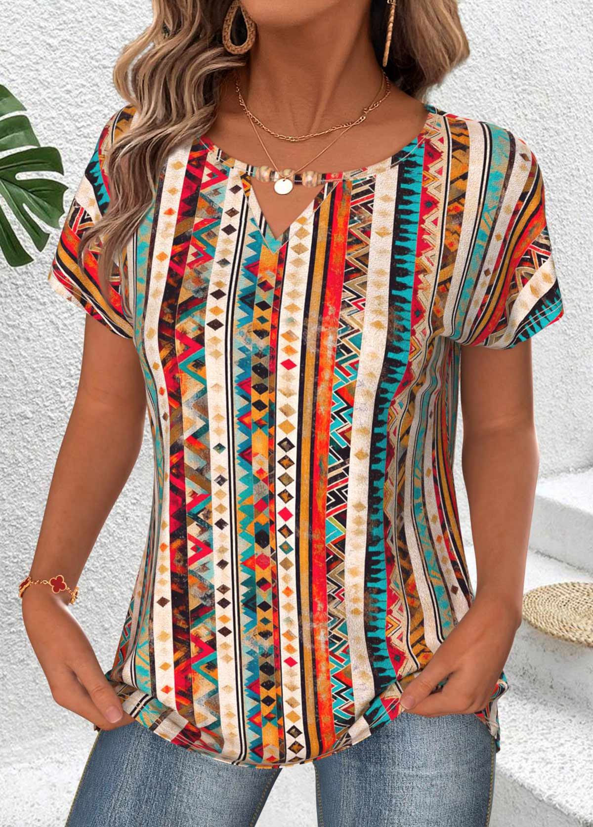Multi Color Tummy Coverage Tribal Print T Shirt | picture 