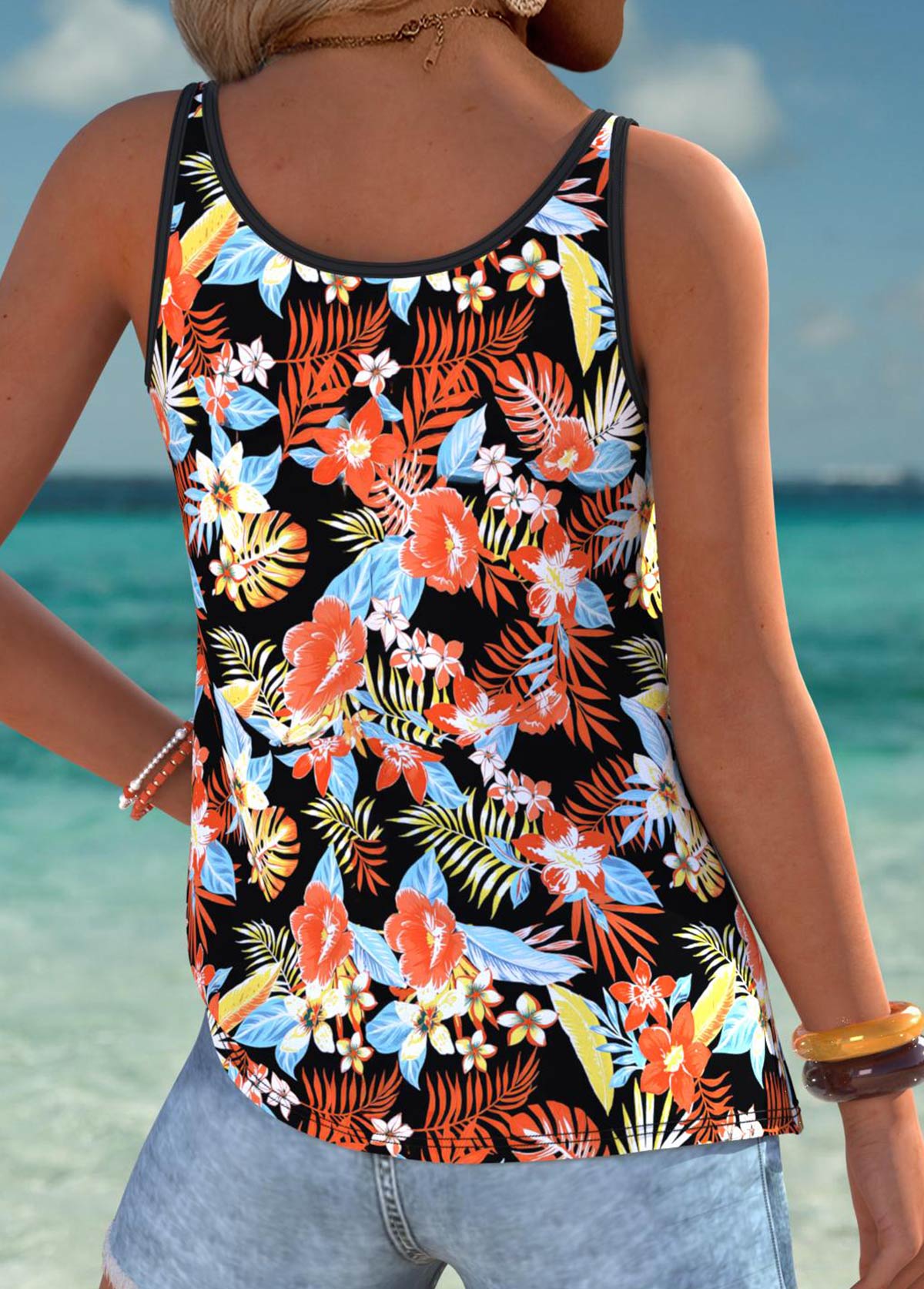Multi Color Tummy Coverage Tropical Plants Print Camisole Top | picture 