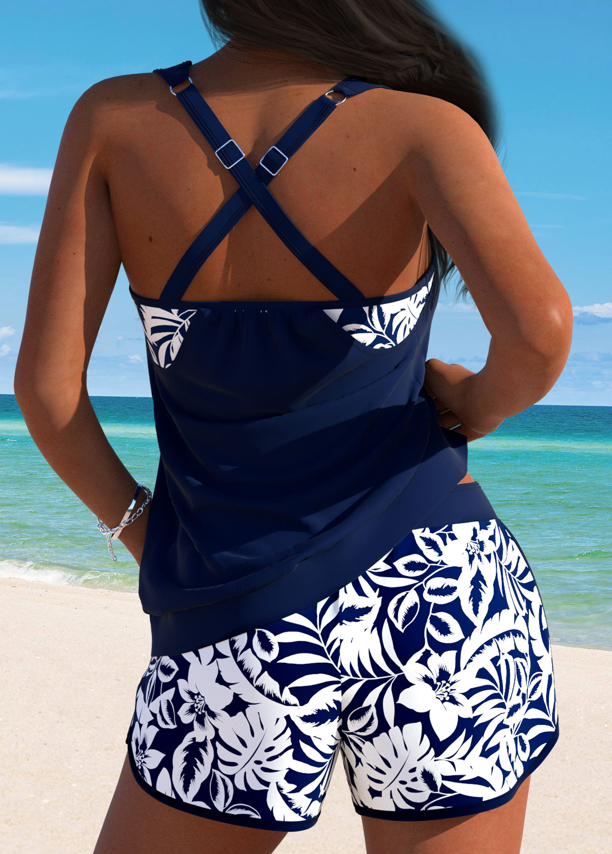 Tummy Coverage Mid Waisted Tropical Plants Print Tankini Set | picture 