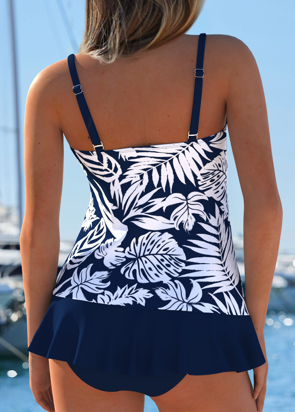 Tummy Coverage Mid Waisted Floral Print Navy Tankini Set | picture 