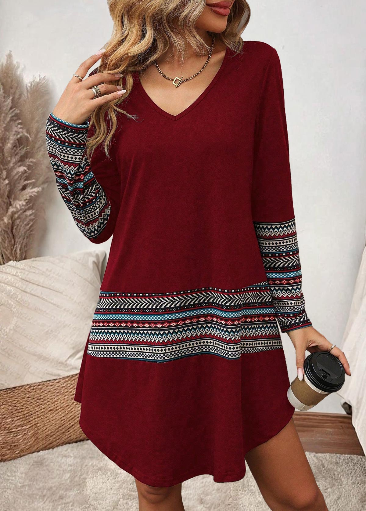 Wine Red Tummy Coverage Geometric Print Long Sleeve Dress | picture 