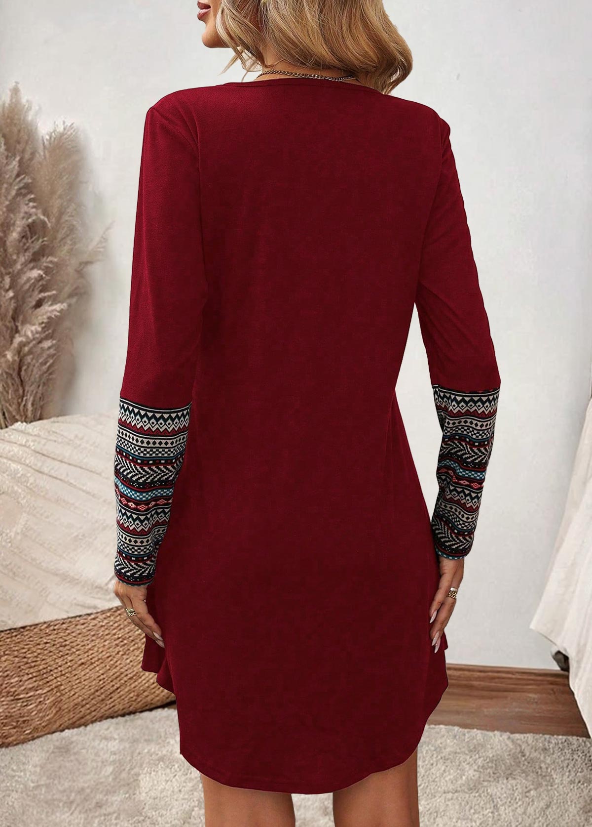 Wine Red Tummy Coverage Geometric Print Long Sleeve Dress | picture 