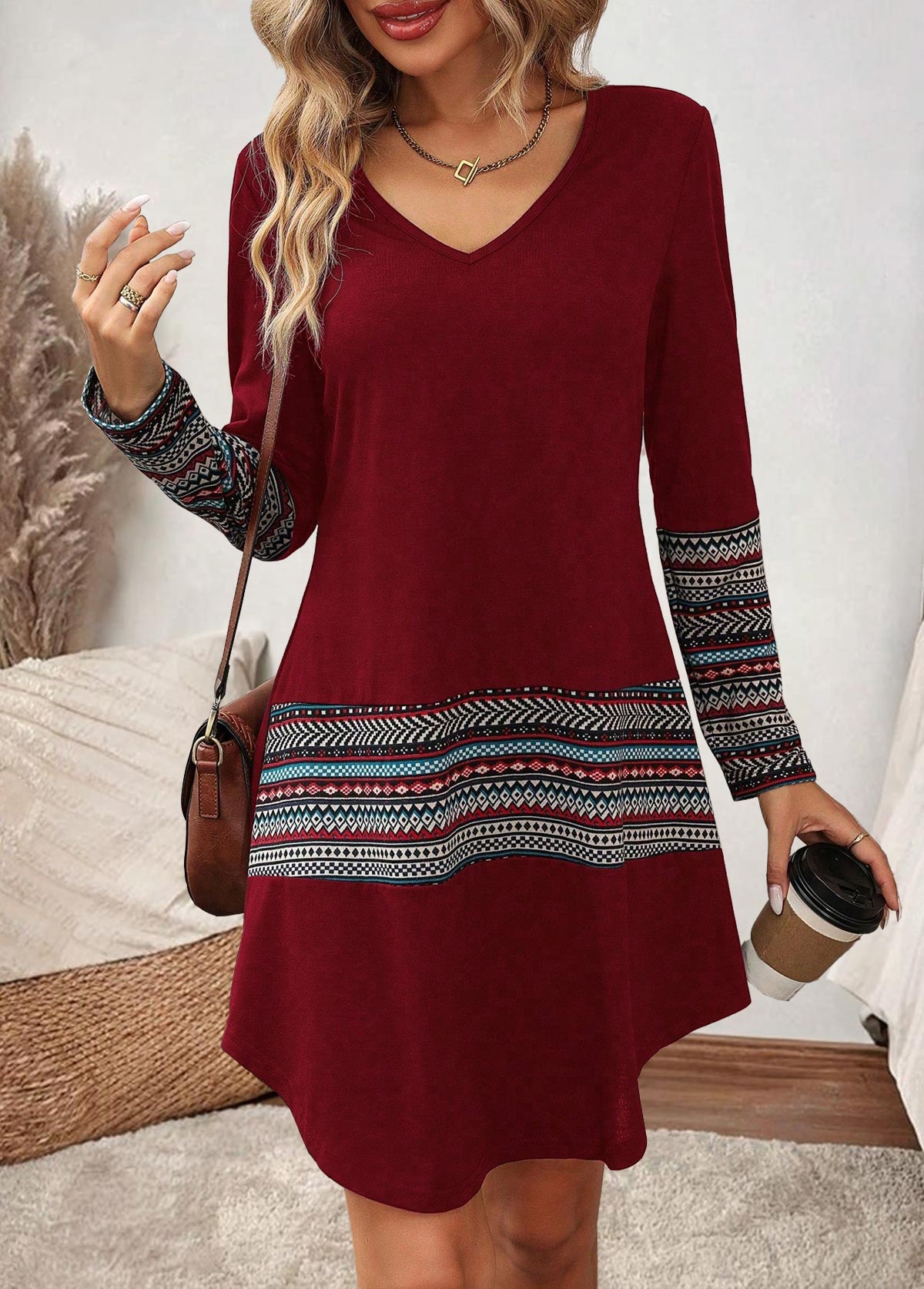 Wine Red Tummy Coverage Geometric Print Long Sleeve Dress | picture 