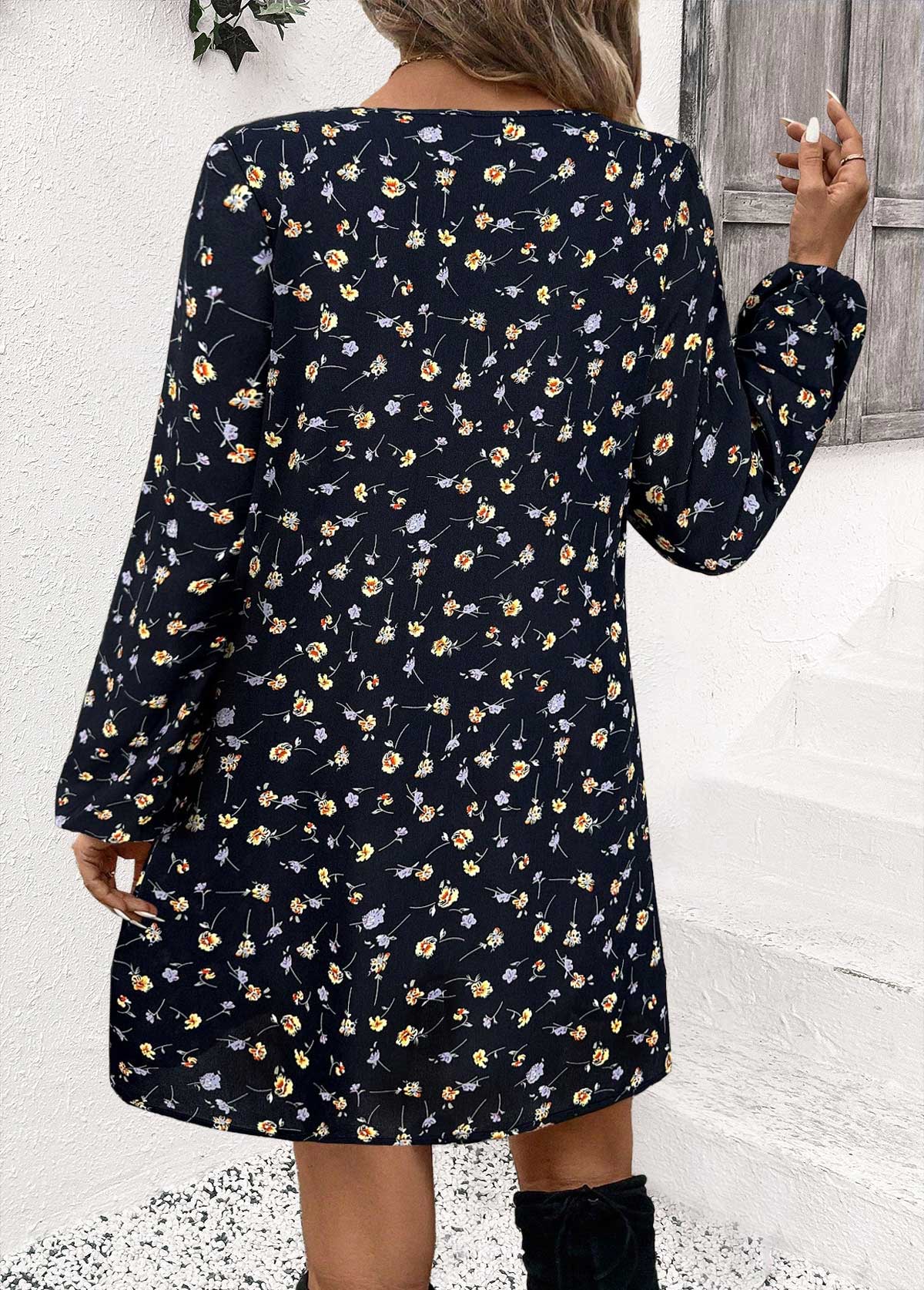 Navy Tummy Coverage Ditsy Floral Print Long Sleeve Dress | picture 