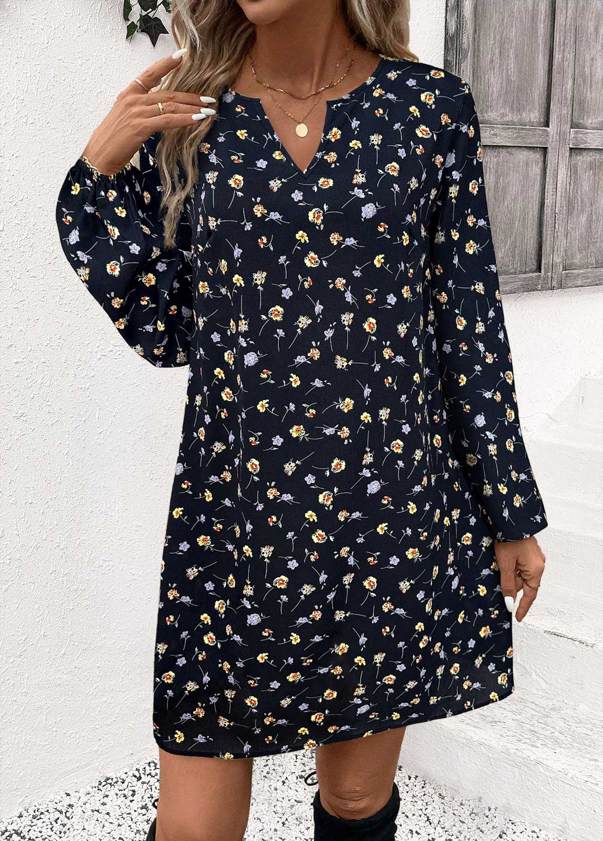 Navy Tummy Coverage Ditsy Floral Print Long Sleeve Dress | picture 