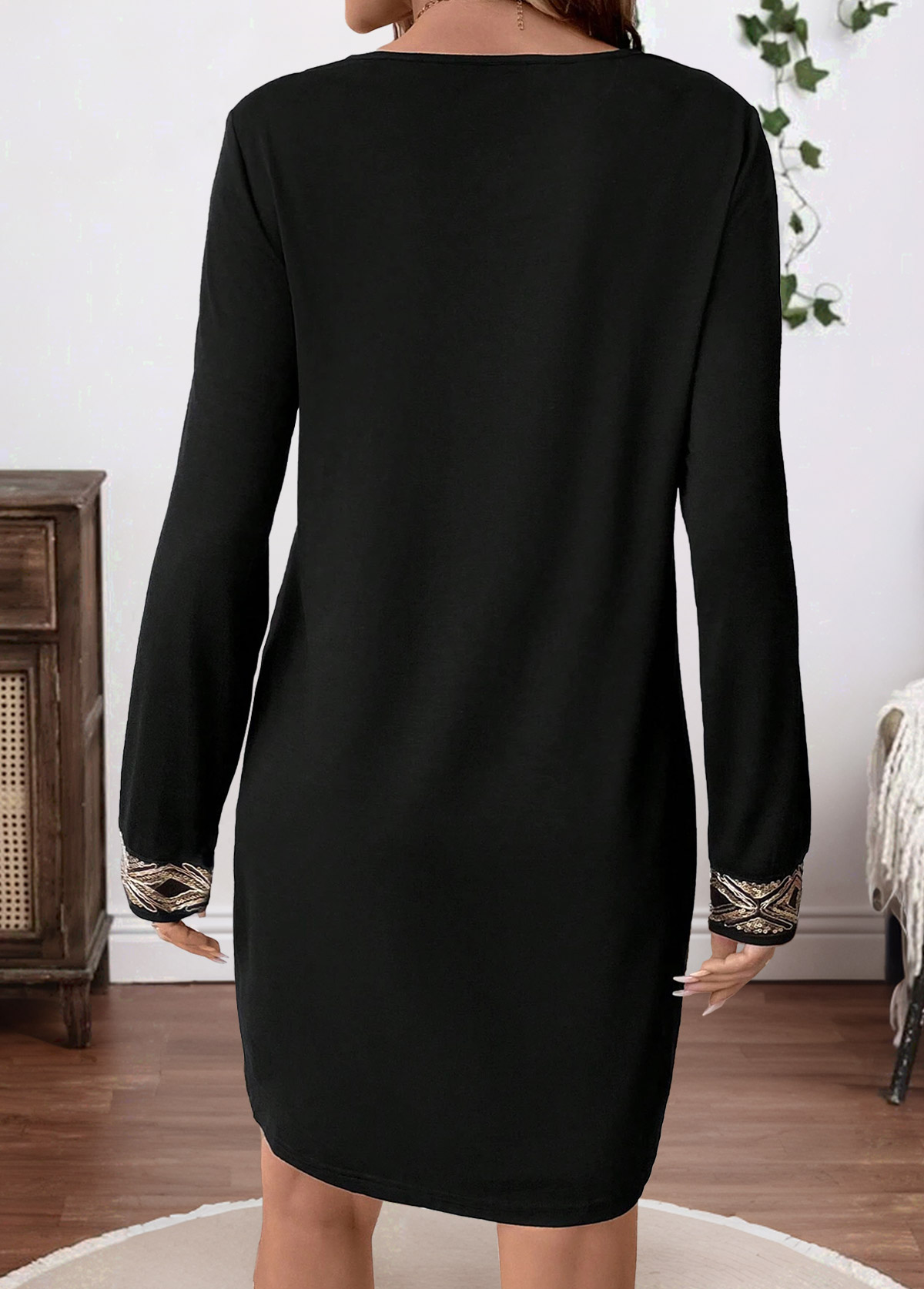 Black Tummy Coverage Long Sleeve V Neck Dress | picture 